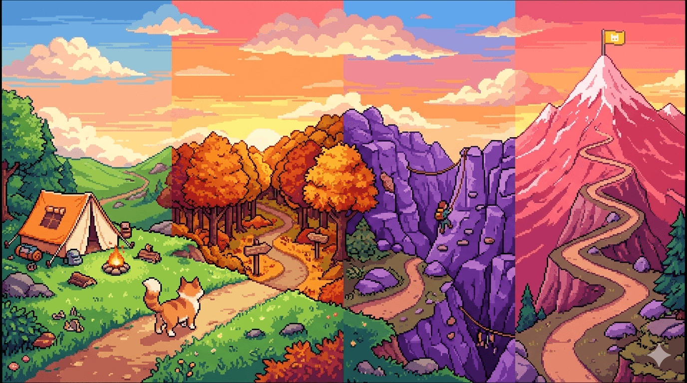 Haku the pixel cat looking up at a mountain trail with four colorful zones